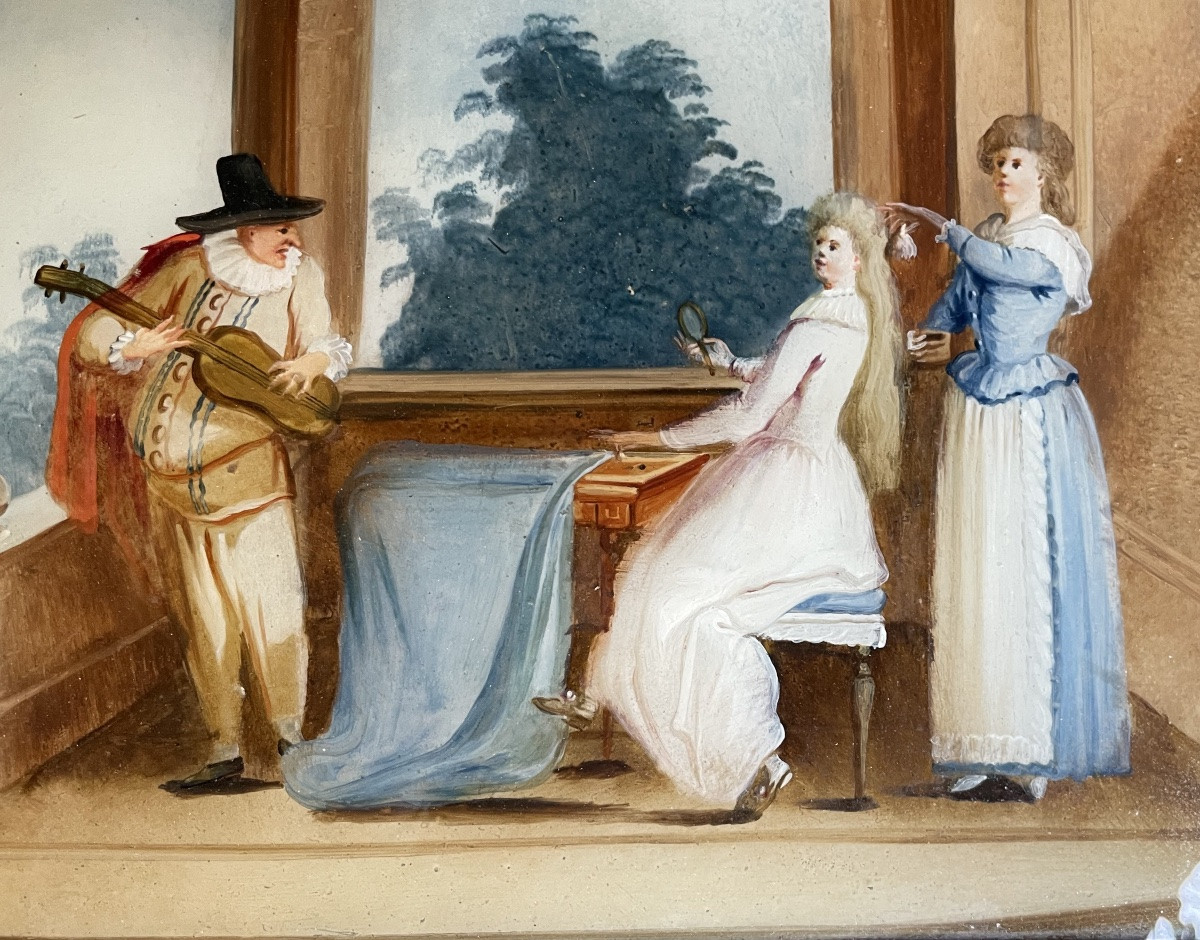 Dipinti sottovetro con scene galanti e musicali nel gusto di Pietro Longhi Venezia . XVIII sec-photo-7