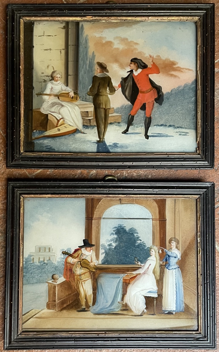 Dipinti sottovetro con scene galanti e musicali nel gusto di Pietro Longhi Venezia . XVIII sec