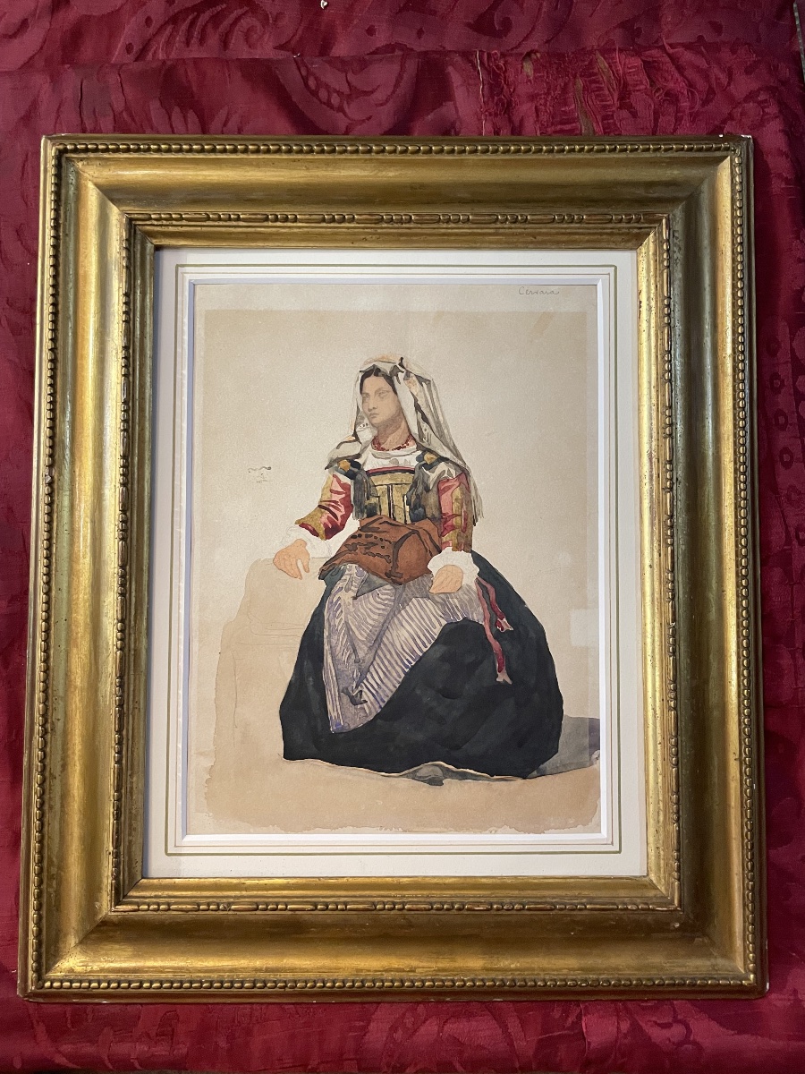 Donna italiana di Cervara in costume tradizionale, XIX secolo  Acquerello e matita su carta-photo-2