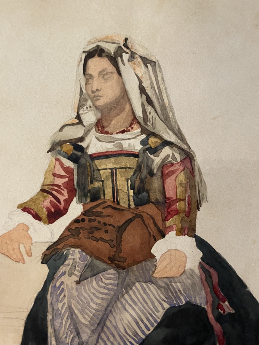 Donna italiana di Cervara in costume tradizionale, XIX secolo  Acquerello e matita su carta-photo-1