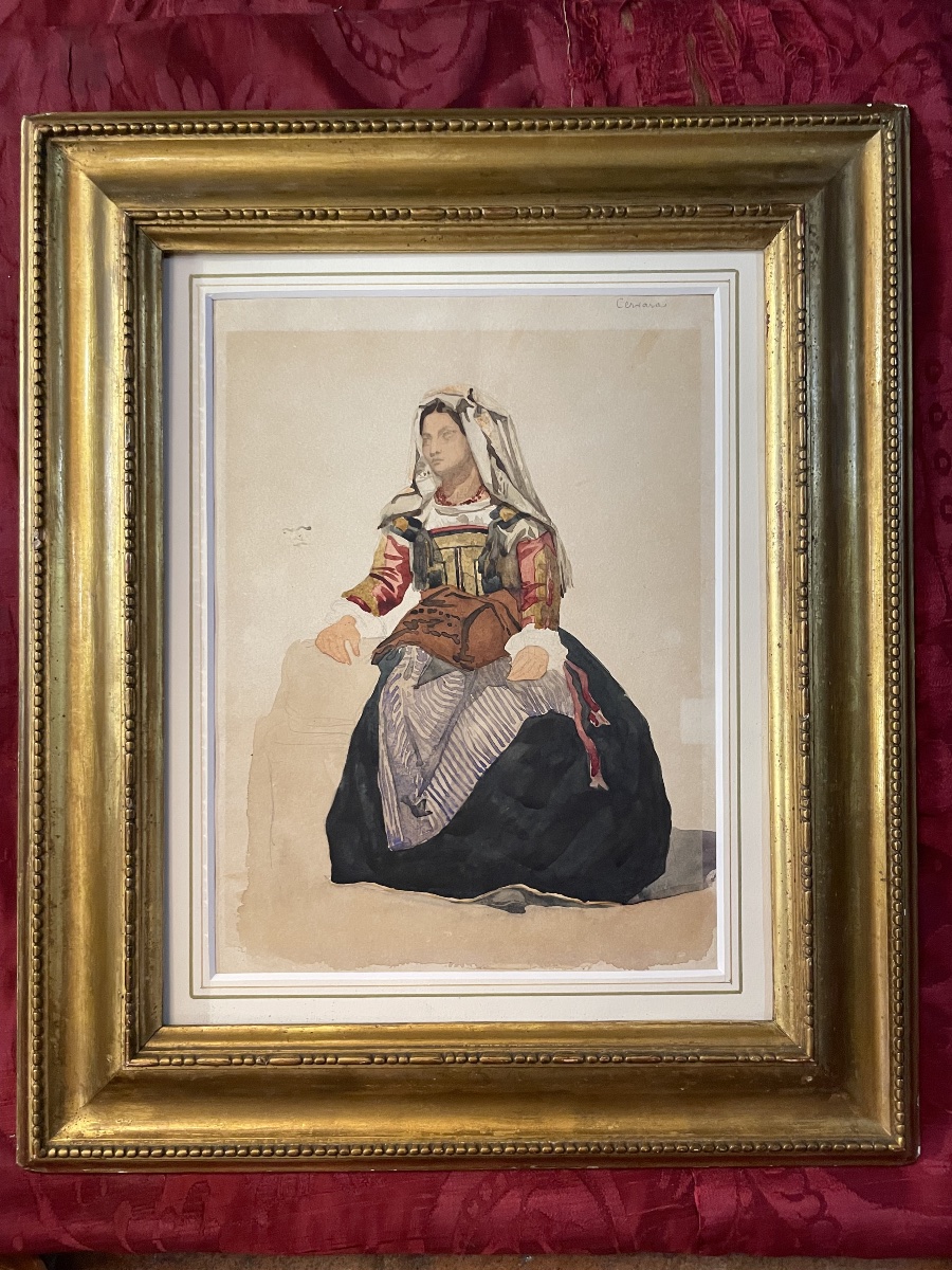 Donna italiana di Cervara in costume tradizionale, XIX secolo  Acquerello e matita su carta-photo-3