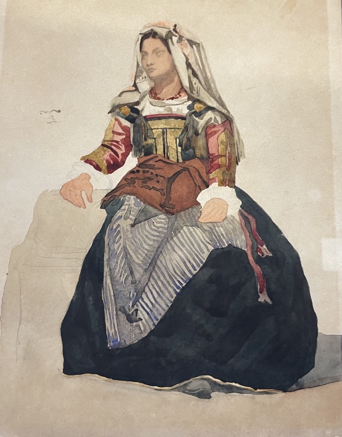 Donna italiana di Cervara in costume tradizionale, XIX secolo  Acquerello e matita su carta