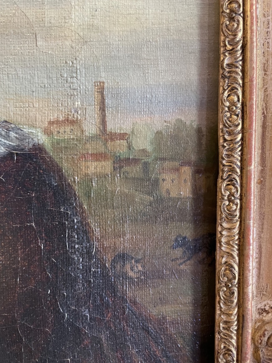 Ritratto femminile firmato e datato Castin, 1838, animato della scena con cane e gatto.-photo-1
