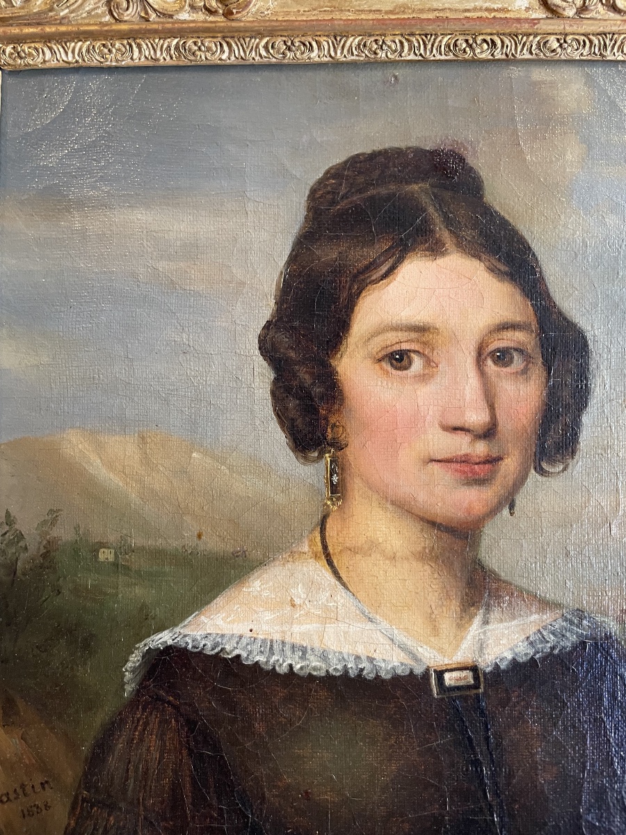Ritratto femminile firmato e datato Castin, 1838, animato della scena con cane e gatto.-photo-6