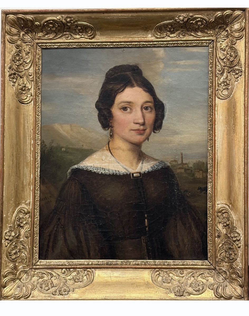 Ritratto femminile firmato e datato Castin, 1838, animato della scena con cane e gatto.