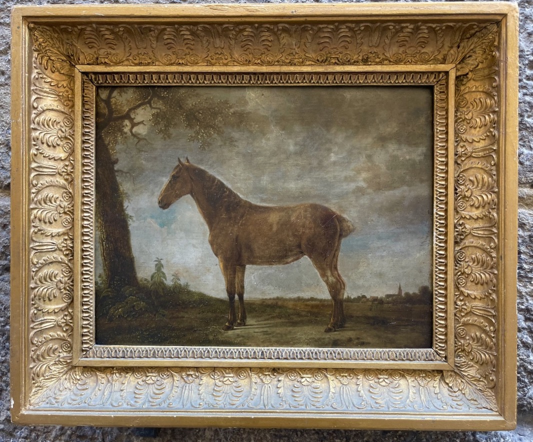 Ritratto di cavallo baio con coda mozzata in paesaggio  Scuola olandese del XVIII secolo  