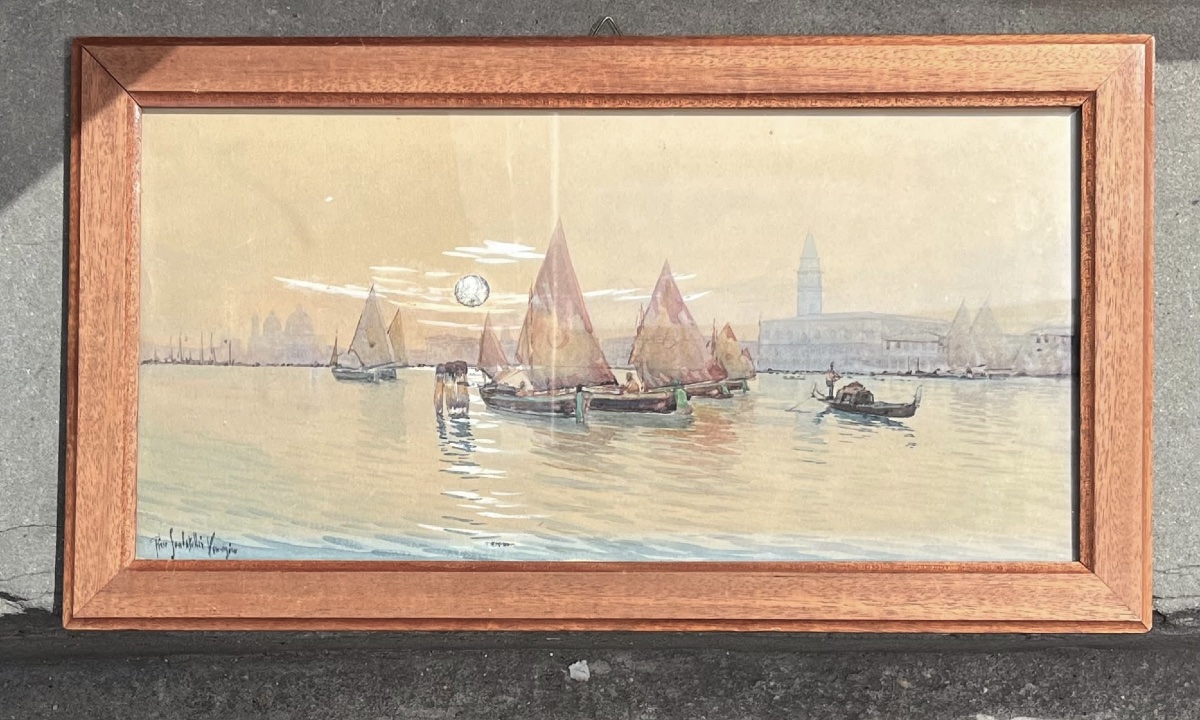 Gino Scalatelli (1876-1943?) Veduta di Venezia dalla Giudecca con bragozzi a vela al terzo  -photo-4