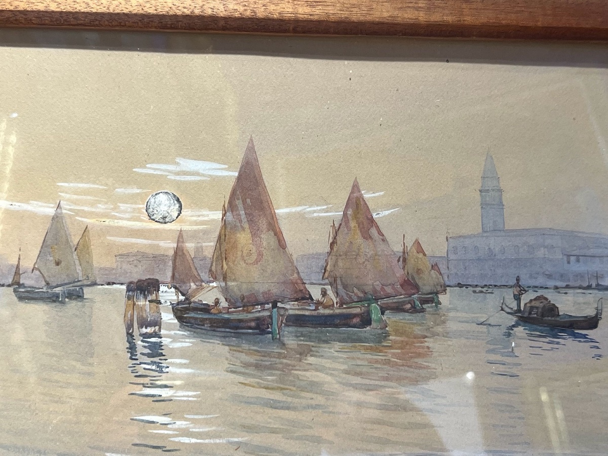 Gino Scalatelli (1876-1943?) Veduta di Venezia dalla Giudecca con bragozzi a vela al terzo  -photo-1