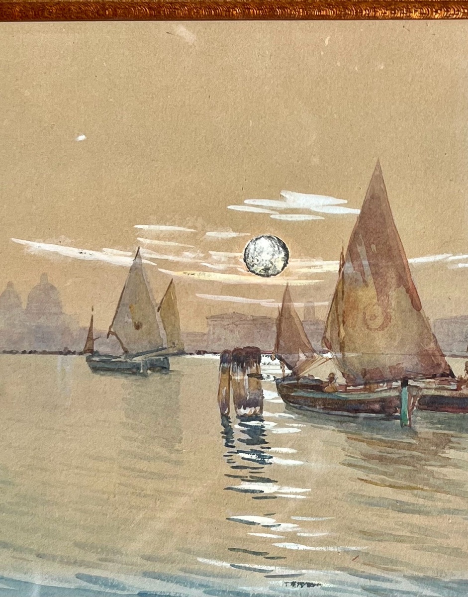 Gino Scalatelli (1876-1943?) Veduta di Venezia dalla Giudecca con bragozzi a vela al terzo  -photo-3