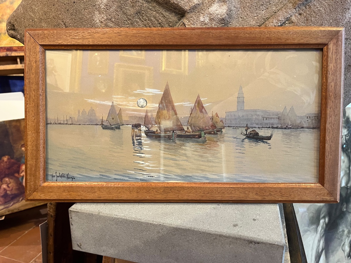 Gino Scalatelli (1876-1943?) Veduta di Venezia dalla Giudecca con bragozzi a vela al terzo  -photo-5