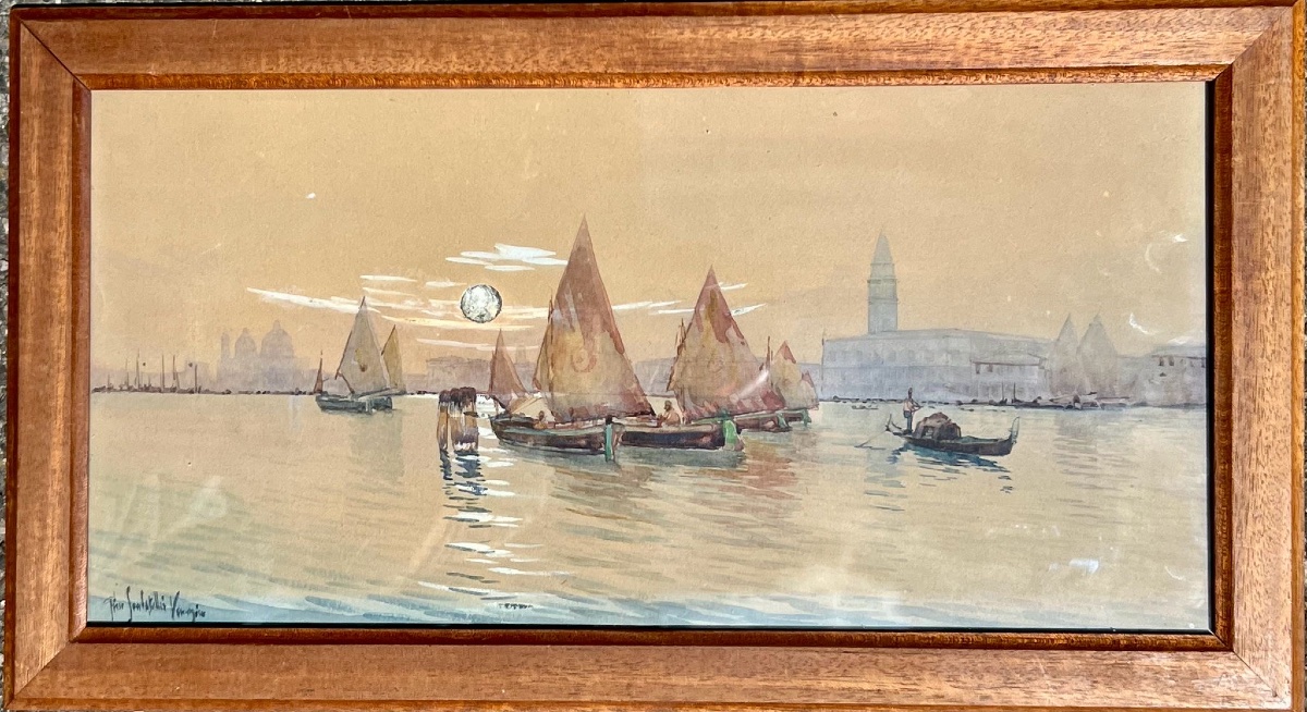 Gino Scalatelli (1876-1943?) Veduta di Venezia dalla Giudecca con bragozzi a vela al terzo  
