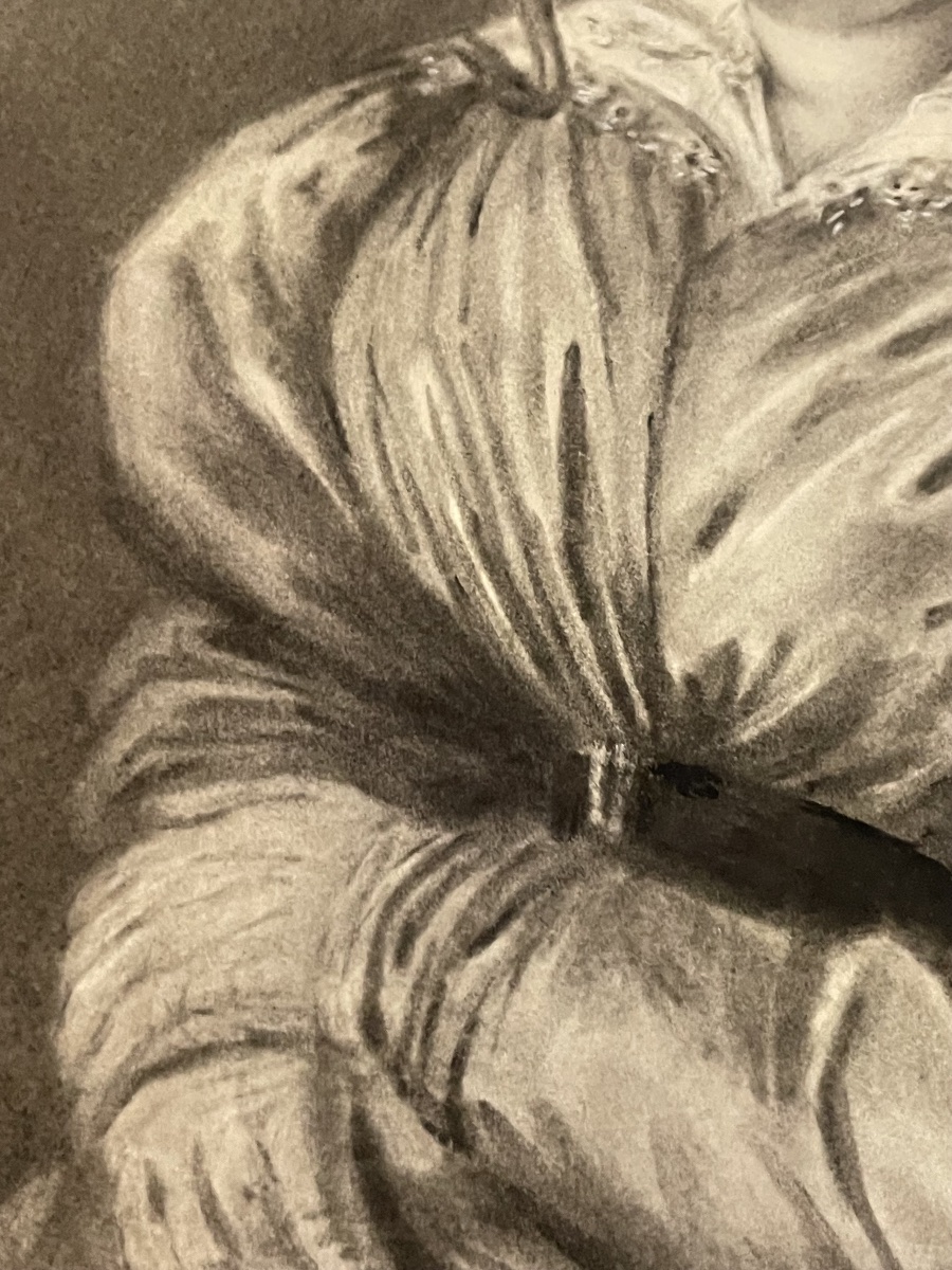Ritratto a carboncino di dama in abito con maniche a sbuffo e cuffia di pizzo, 1830 ca.  -photo-2