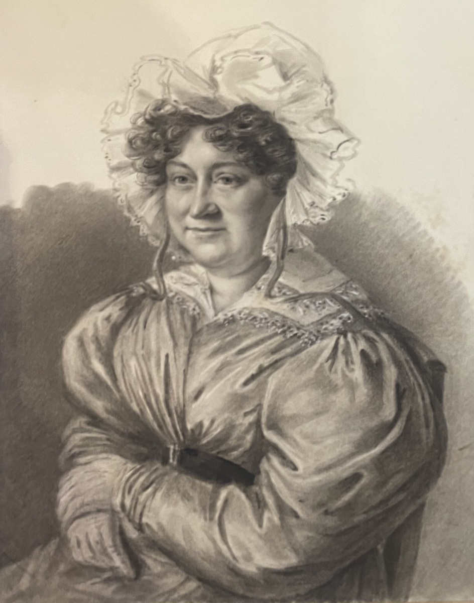 Ritratto a carboncino di dama in abito con maniche a sbuffo e cuffia di pizzo, 1830 ca.  
