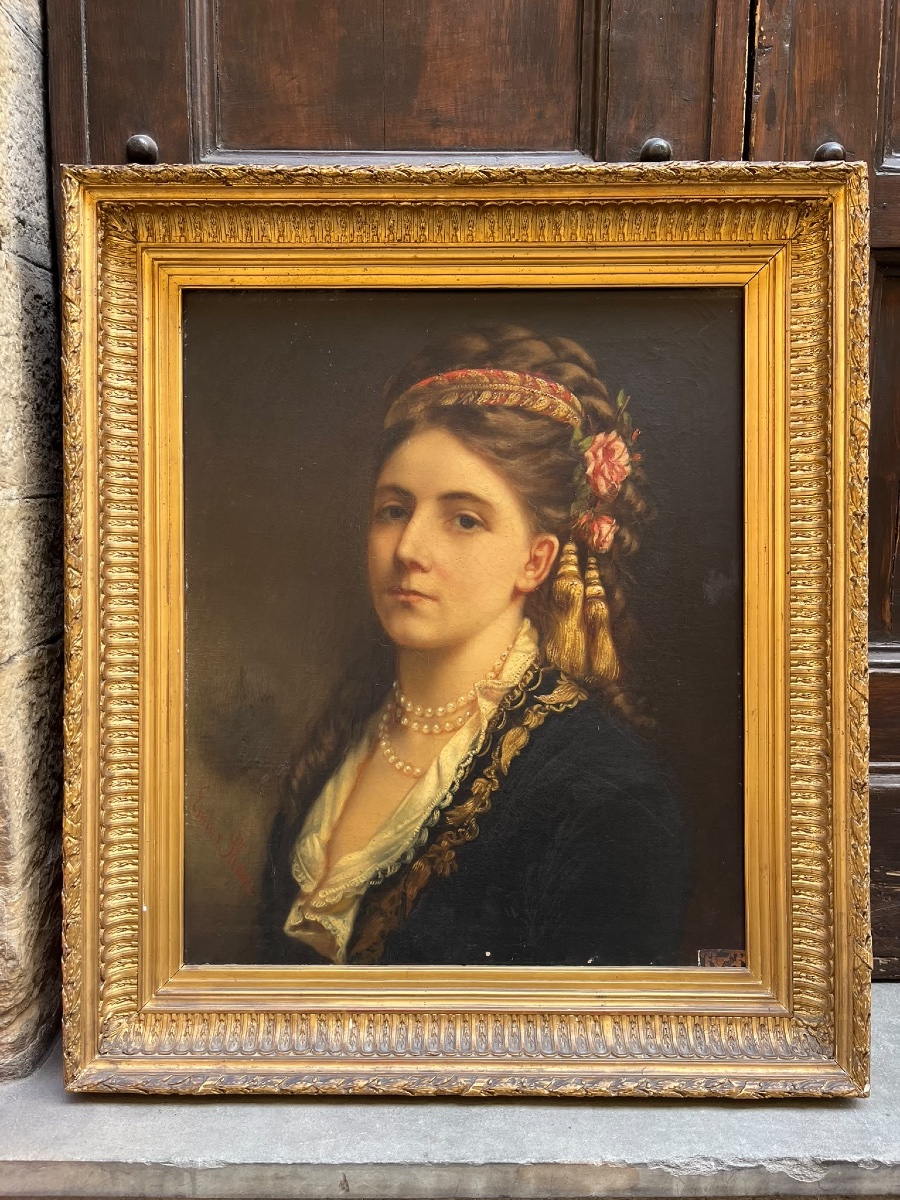 Ritratto di giovane donna in costume balcanico ottomano, firmato Emma Sterrer, ca. 1880-photo-2