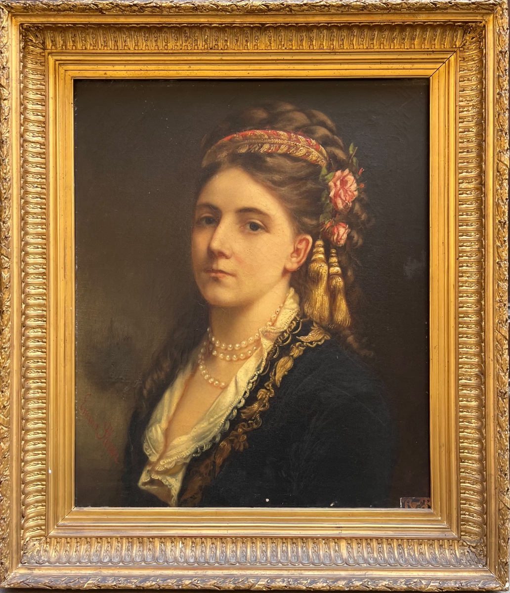 Ritratto di giovane donna in costume balcanico ottomano, firmato Emma Sterrer, ca. 1880