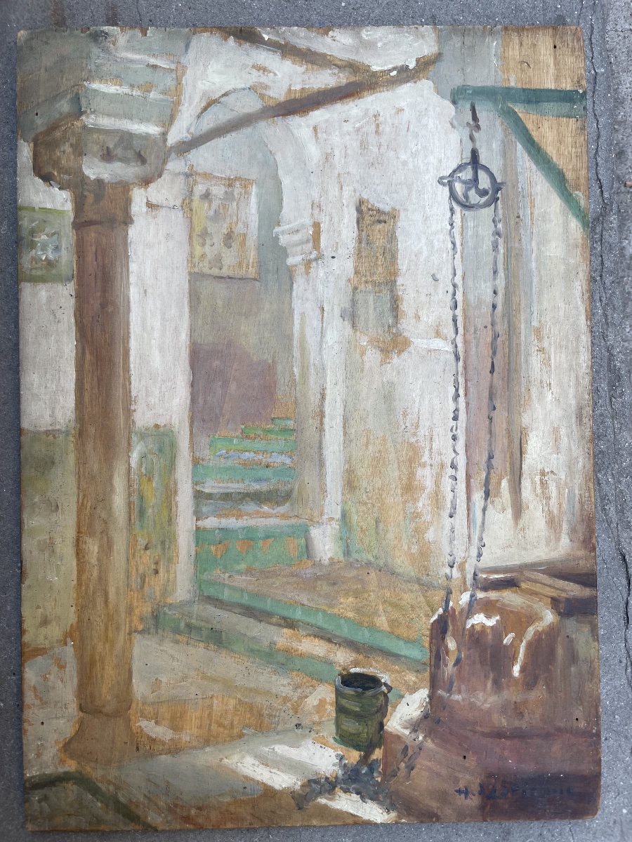 Henry d’Estienne (1872-1949) – Luce in un cortile nordafricano con pozzo