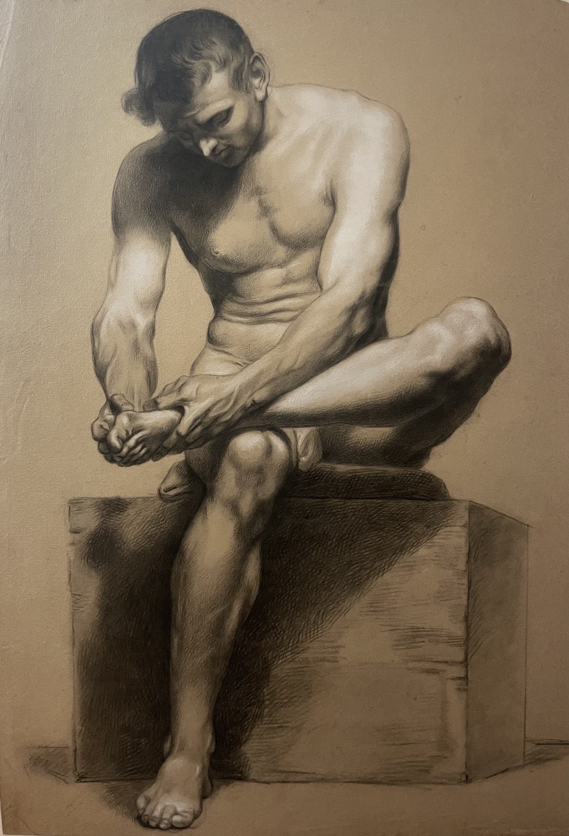 Disegno accademico di nudo, studio dello Spinario, scuola fiorentina, fine XVIII - inizio XIX