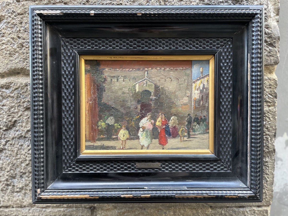 Piccola veduta di Venezia con mercato presso una chiesa, Erma Zago (1880-1942)  -photo-3