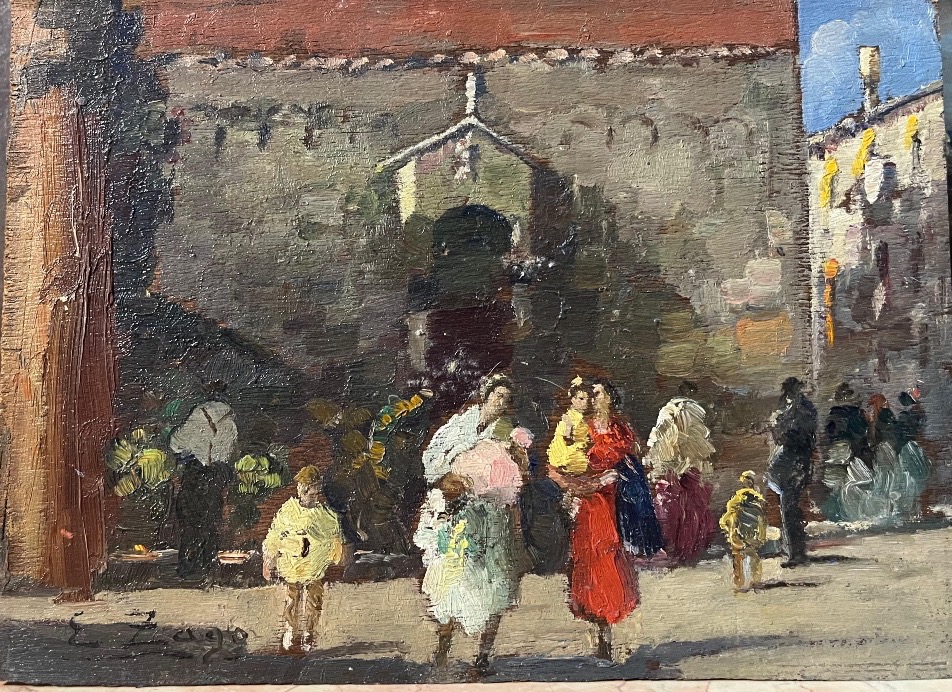 Piccola veduta di Venezia con mercato presso una chiesa, Erma Zago (1880-1942)  