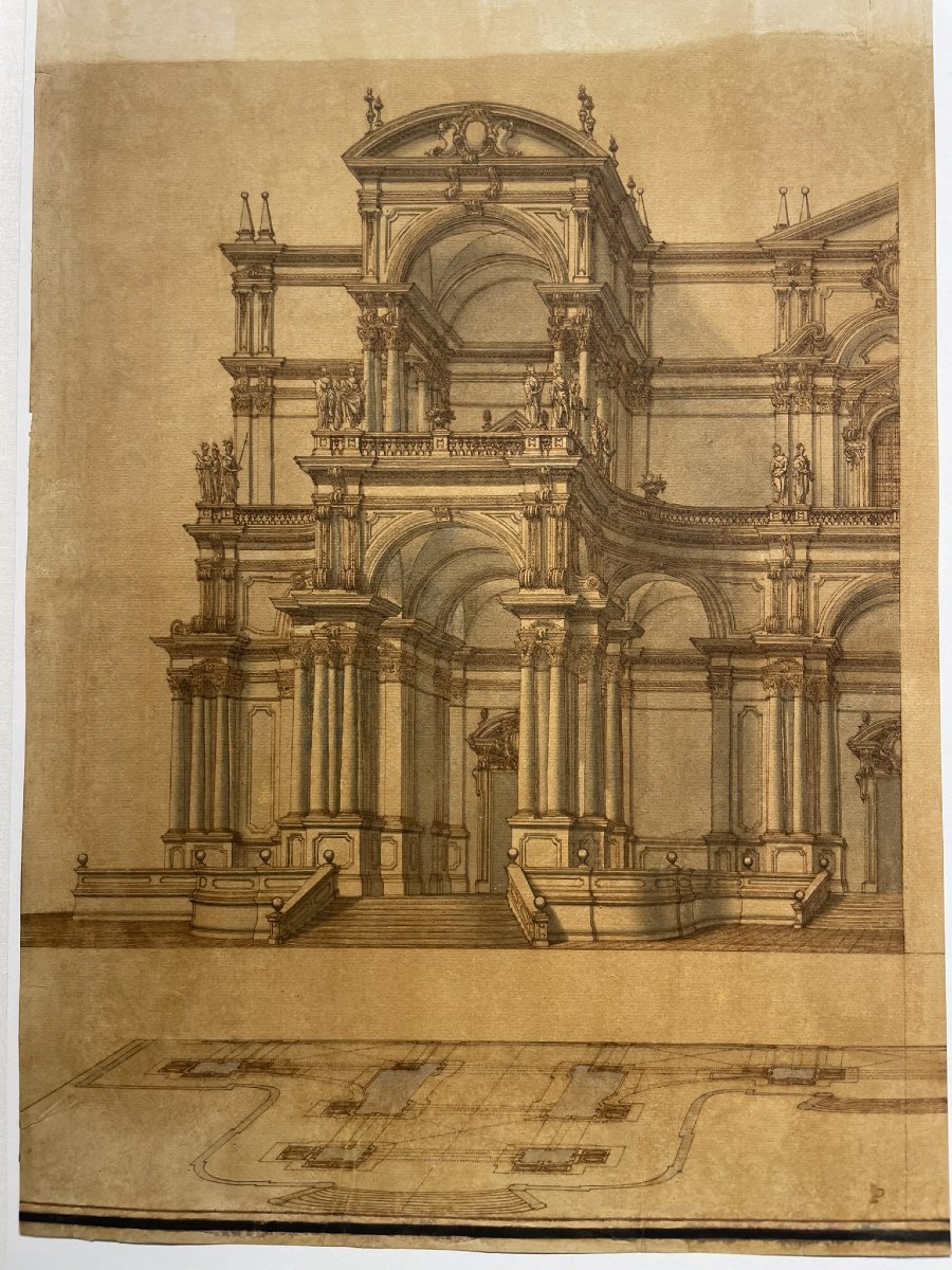 Disegno d'architettura: facciata monumentale con statue e obelischi, XVIII secolo-photo-2
