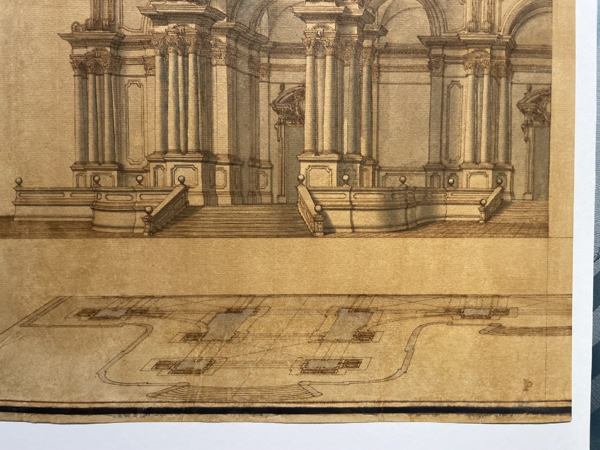 Disegno d'architettura: facciata monumentale con statue e obelischi, XVIII secolo-photo-3