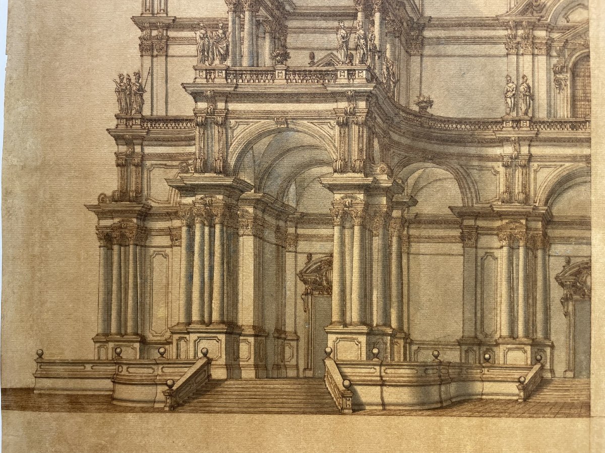 Disegno d'architettura: facciata monumentale con statue e obelischi, XVIII secolo-photo-4