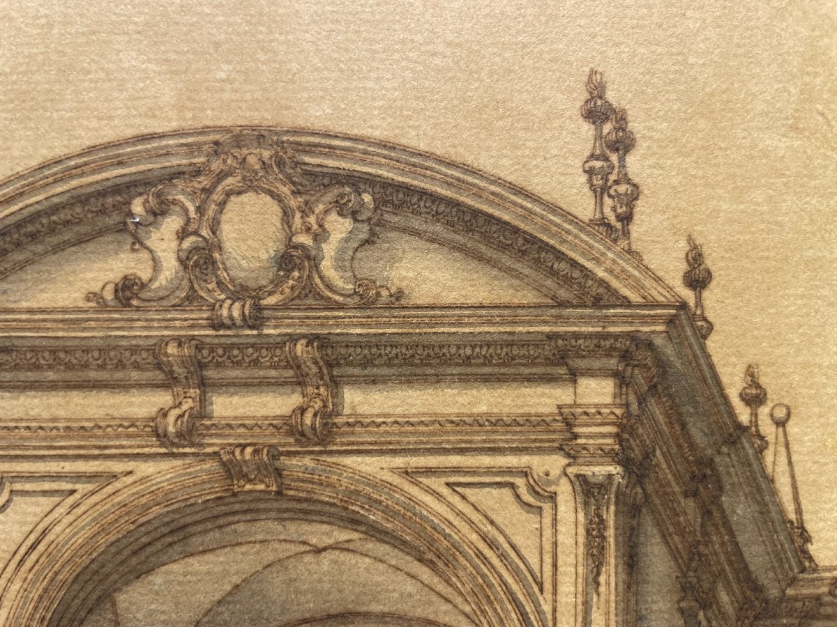 Disegno d'architettura: facciata monumentale con statue e obelischi, XVIII secolo-photo-6