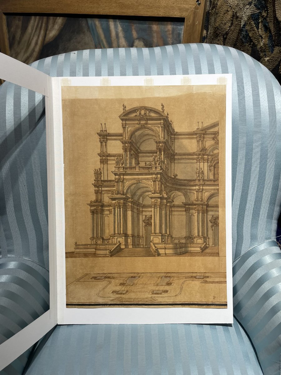 Disegno d'architettura: facciata monumentale con statue e obelischi, XVIII secolo-photo-8