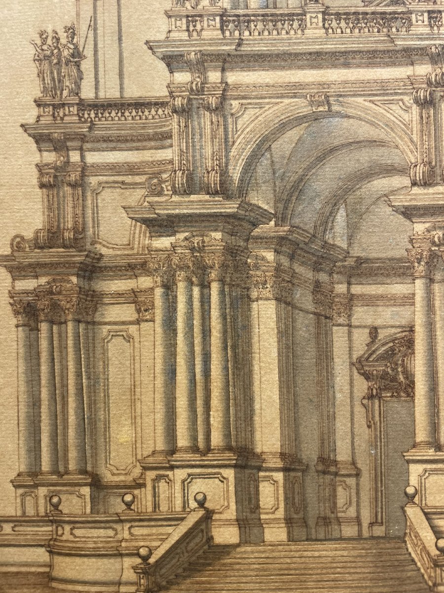 Disegno d'architettura: facciata monumentale con statue e obelischi, XVIII secolo-photo-1