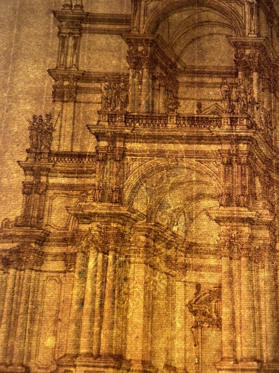 Disegno d'architettura: facciata monumentale con statue e obelischi, XVIII secolo-photo-3