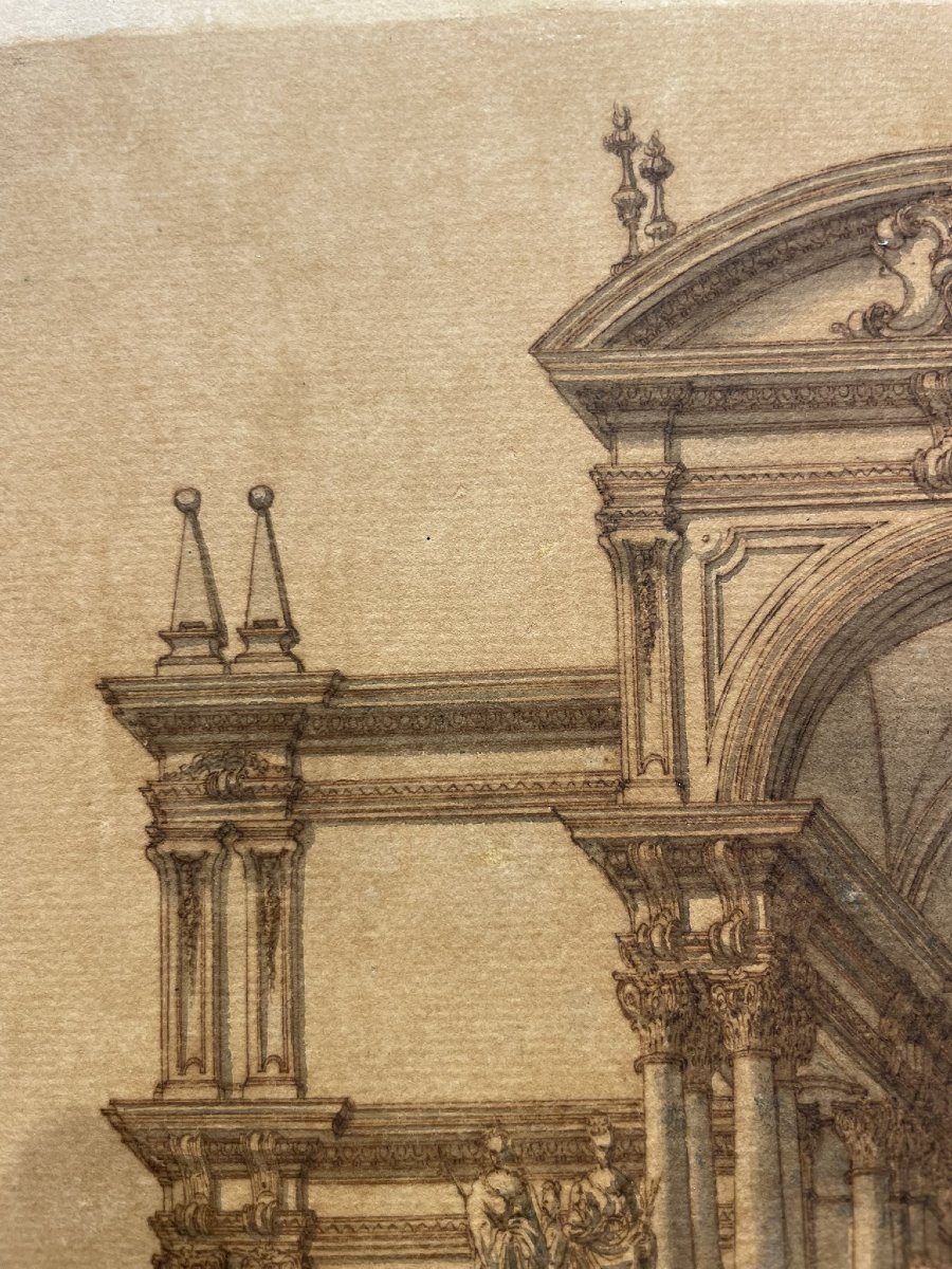 Disegno d'architettura: facciata monumentale con statue e obelischi, XVIII secolo-photo-5