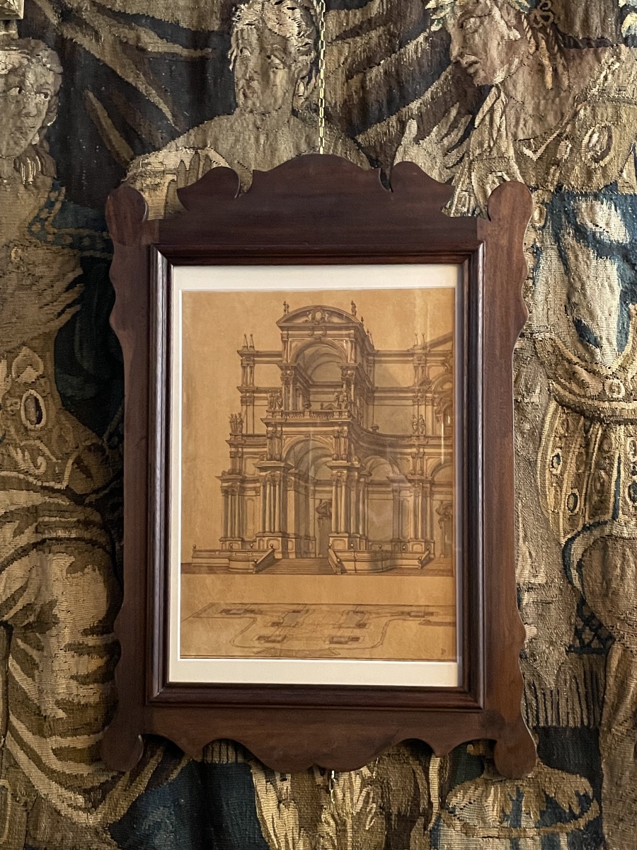 Disegno d'architettura: facciata monumentale con statue e obelischi, XVIII secolo
