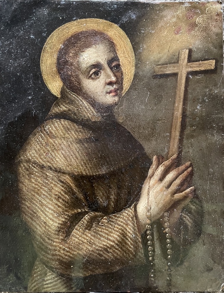 San Pietro d’Alcantara con croce e rosario, olio su rame, scuola spagnola, fine XVII sec.