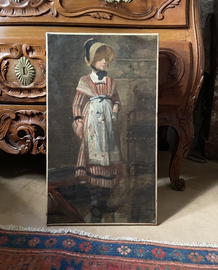 Studio di giovane donna con cappello di paglia e abito a righe, scuola francese, fine XIX sec-photo-2