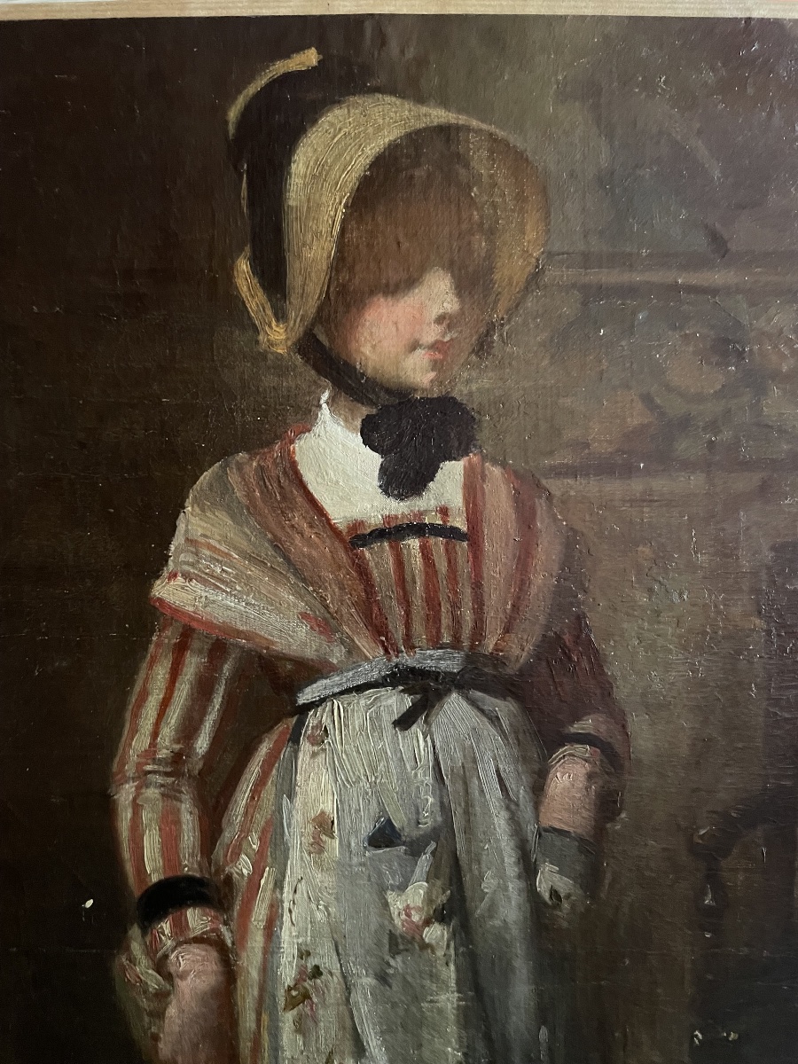 Studio di giovane donna con cappello di paglia e abito a righe, scuola francese, fine XIX sec-photo-3