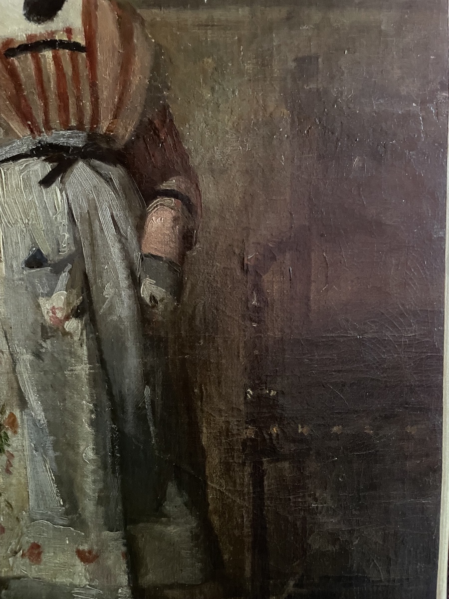 Studio di giovane donna con cappello di paglia e abito a righe, scuola francese, fine XIX sec-photo-1