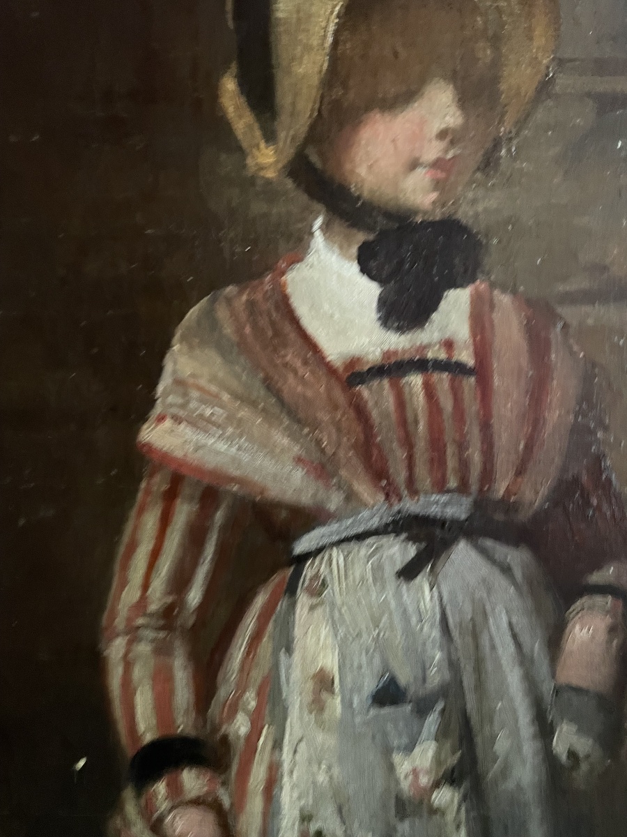 Studio di giovane donna con cappello di paglia e abito a righe, scuola francese, fine XIX sec-photo-2