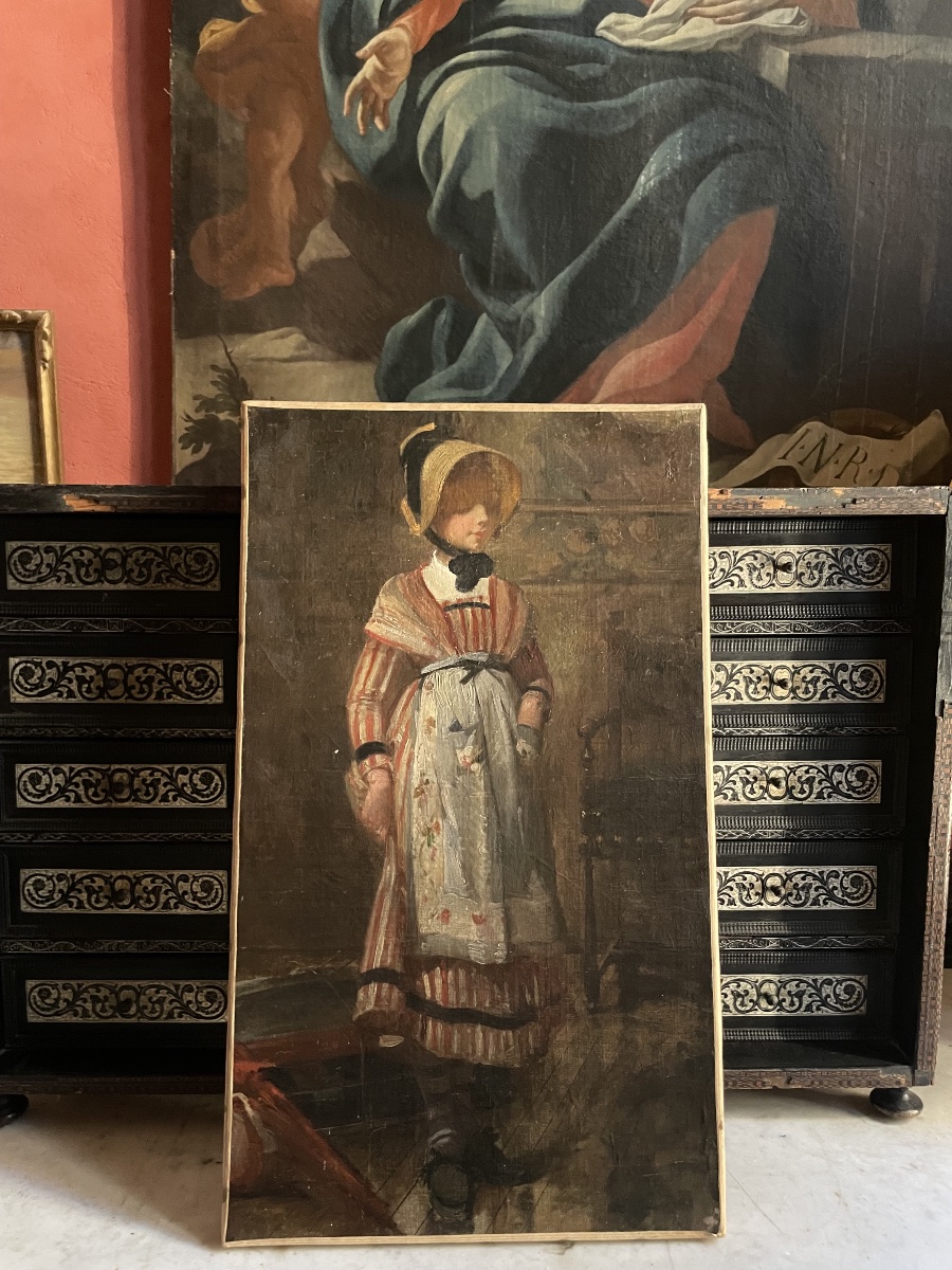 Studio di giovane donna con cappello di paglia e abito a righe, scuola francese, fine XIX sec-photo-7