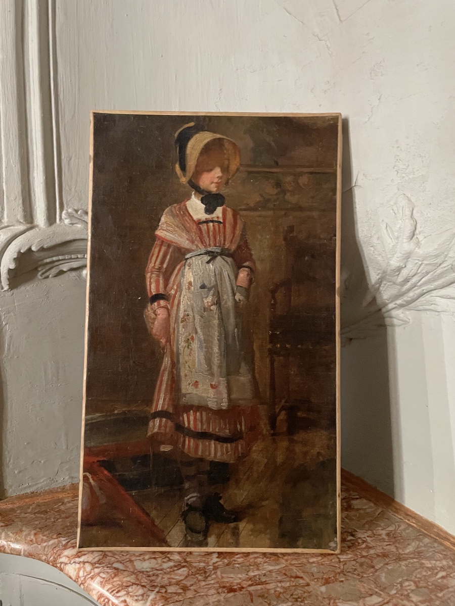 Studio di giovane donna con cappello di paglia e abito a righe, scuola francese, fine XIX sec-photo-8