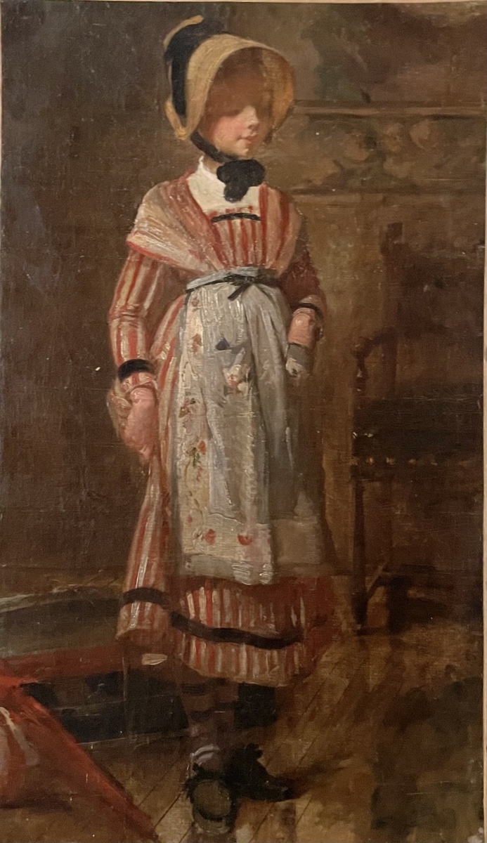 Studio di giovane donna con cappello di paglia e abito a righe, scuola francese, fine XIX sec