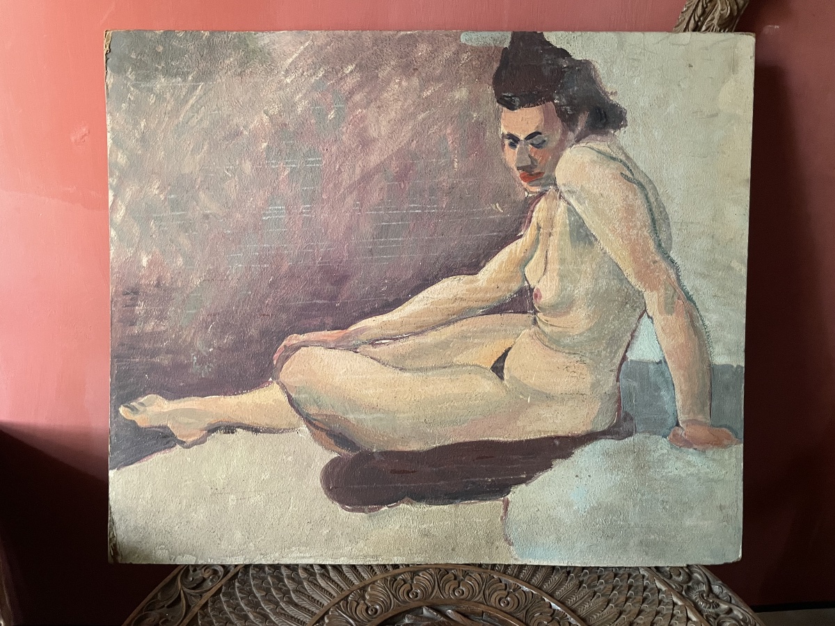 Studio di figura femminile: nudo di donna con rossetto, anni 1930-1940  Olio su cartone -photo-2