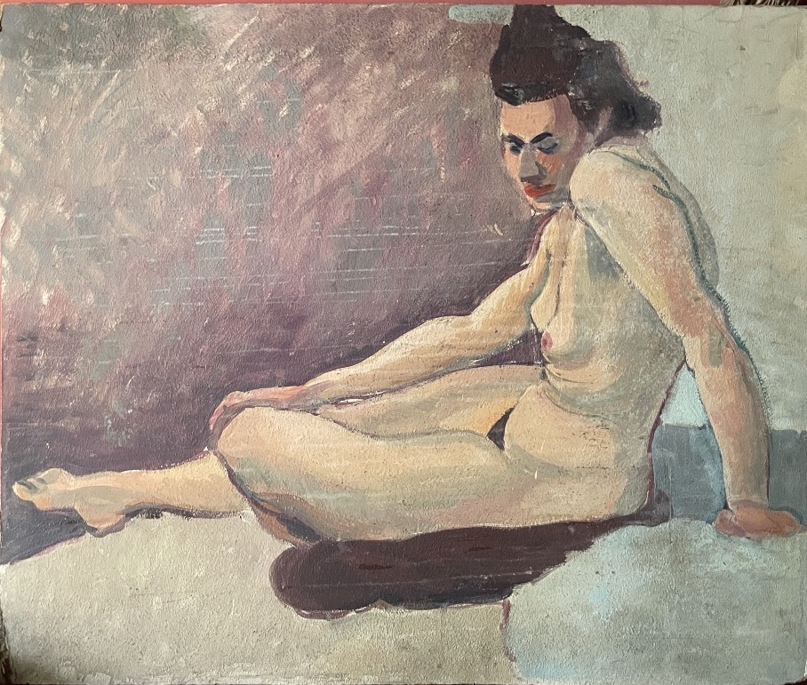 Studio di figura femminile: nudo di donna con rossetto, anni 1930-1940  Olio su cartone 