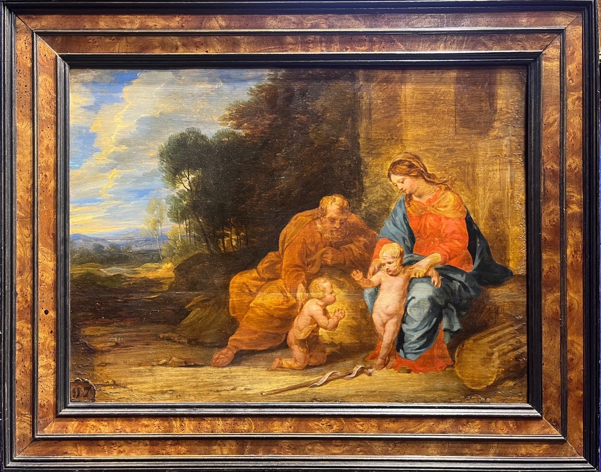 Sacra Famiglia con San Giovannino in un paesaggio boschivo – Scuola fiamminga, Bruxelles