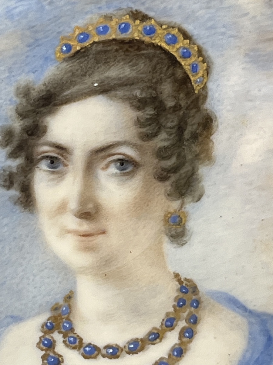 Ritratto di dama con diadema, miniatura d’epoca Restaurazione firmata Chaponnier, 1821  -photo-3