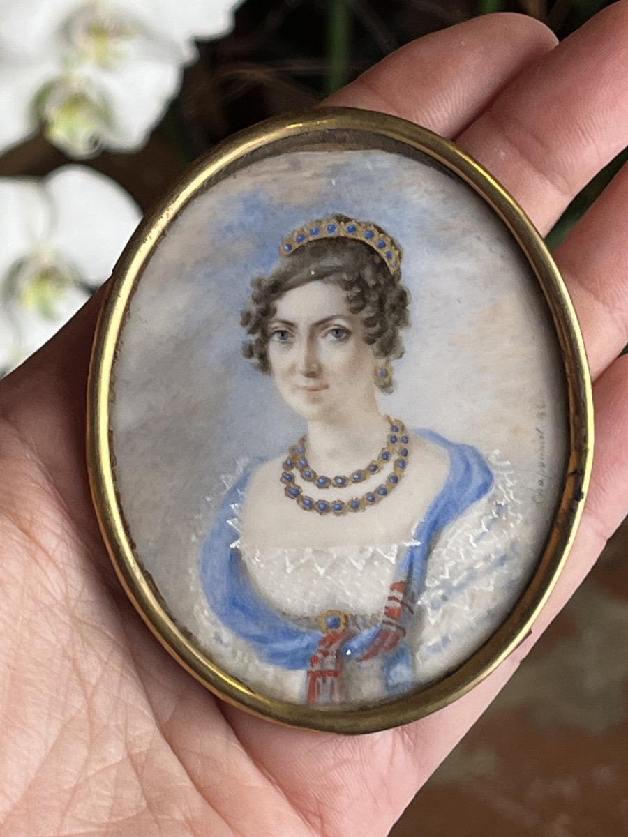 Ritratto di dama con diadema, miniatura d’epoca Restaurazione firmata Chaponnier, 1821  -photo-2