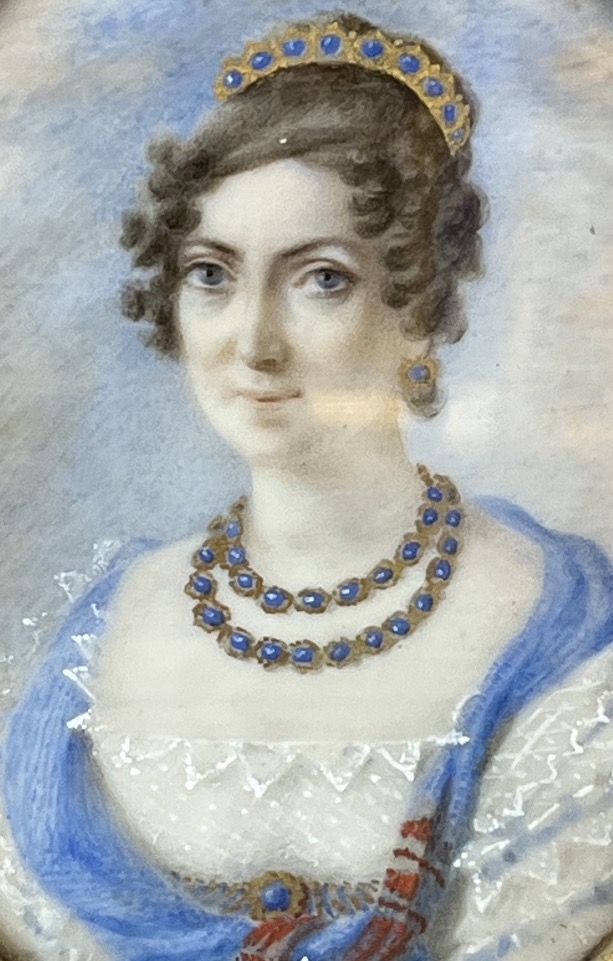 Ritratto di dama con diadema, miniatura d’epoca Restaurazione firmata Chaponnier, 1821  -photo-4