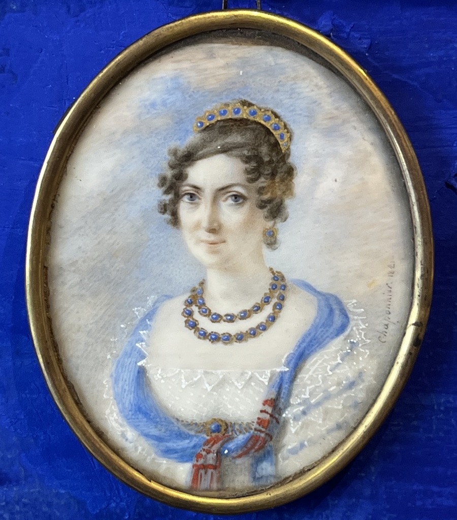 Ritratto di dama con diadema, miniatura d’epoca Restaurazione firmata Chaponnier, 1821  