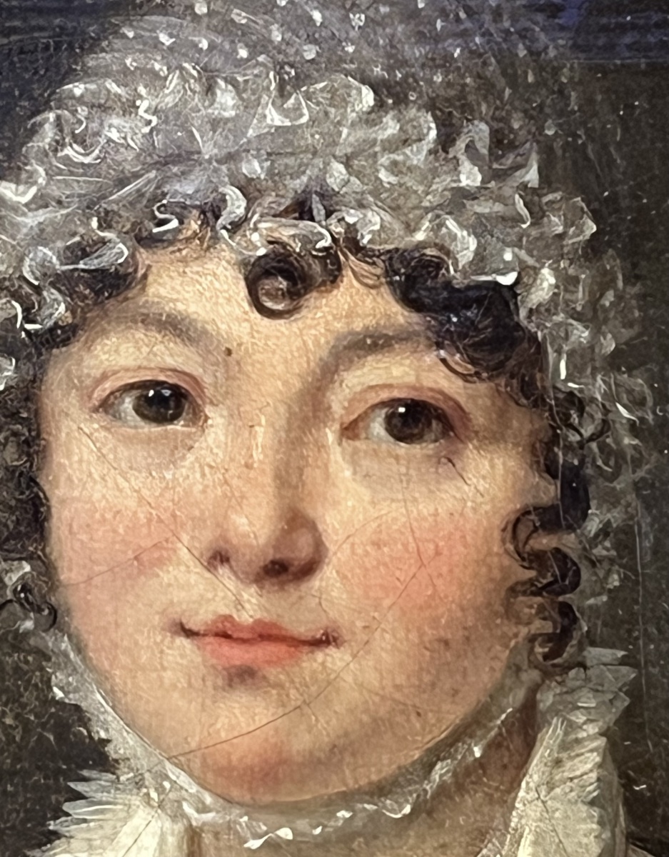 Ritratto di dama con cuffia e scialle rosso, scuola francese, circa 1820 -photo-1