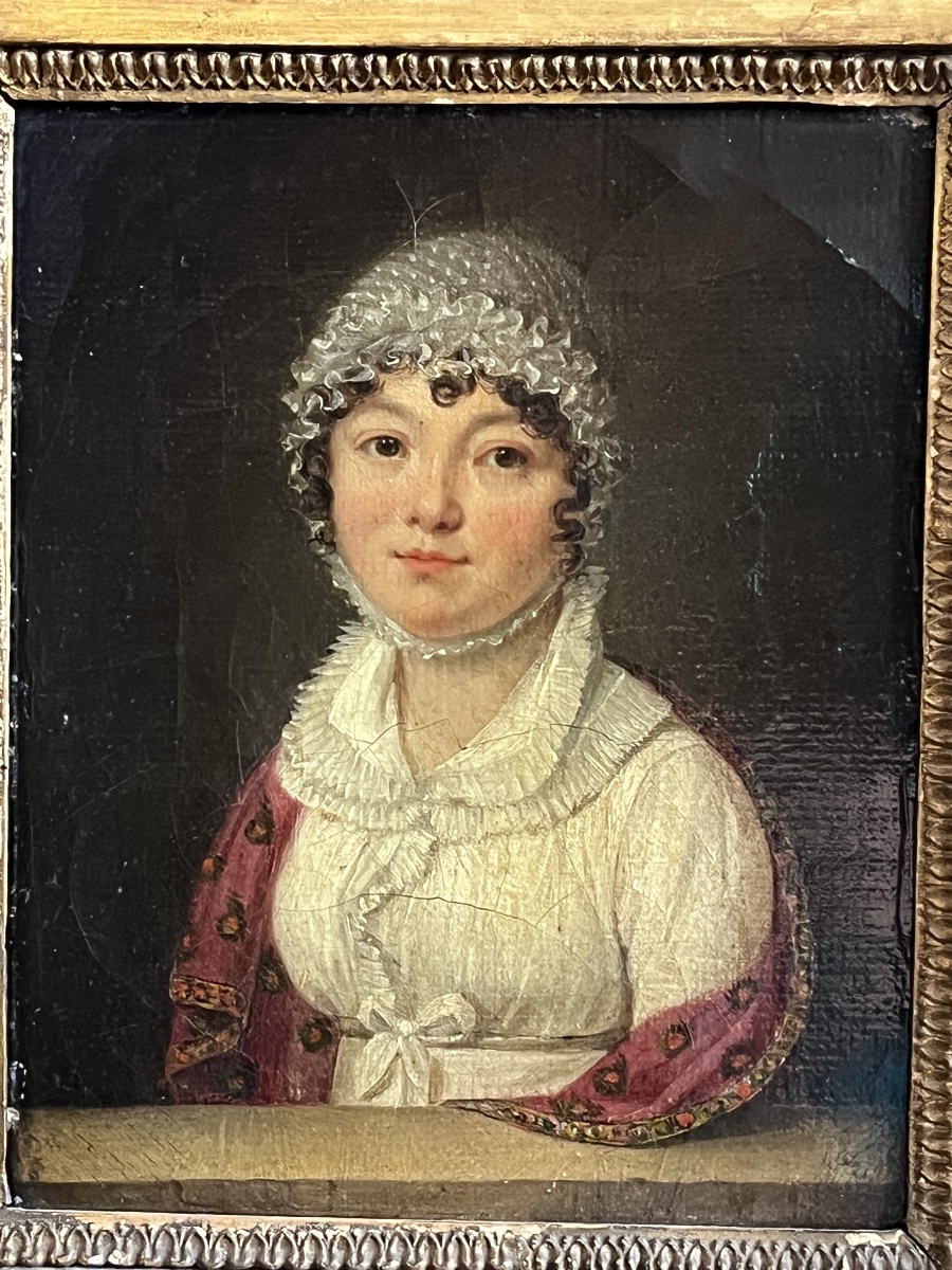 Ritratto di dama con cuffia e scialle rosso, scuola francese, circa 1820 -photo-4
