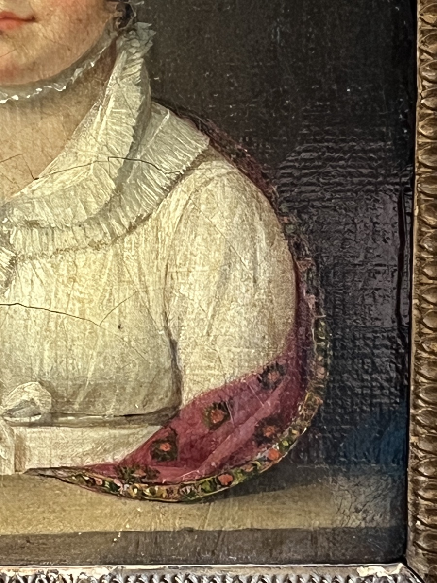 Ritratto di dama con cuffia e scialle rosso, scuola francese, circa 1820 -photo-5